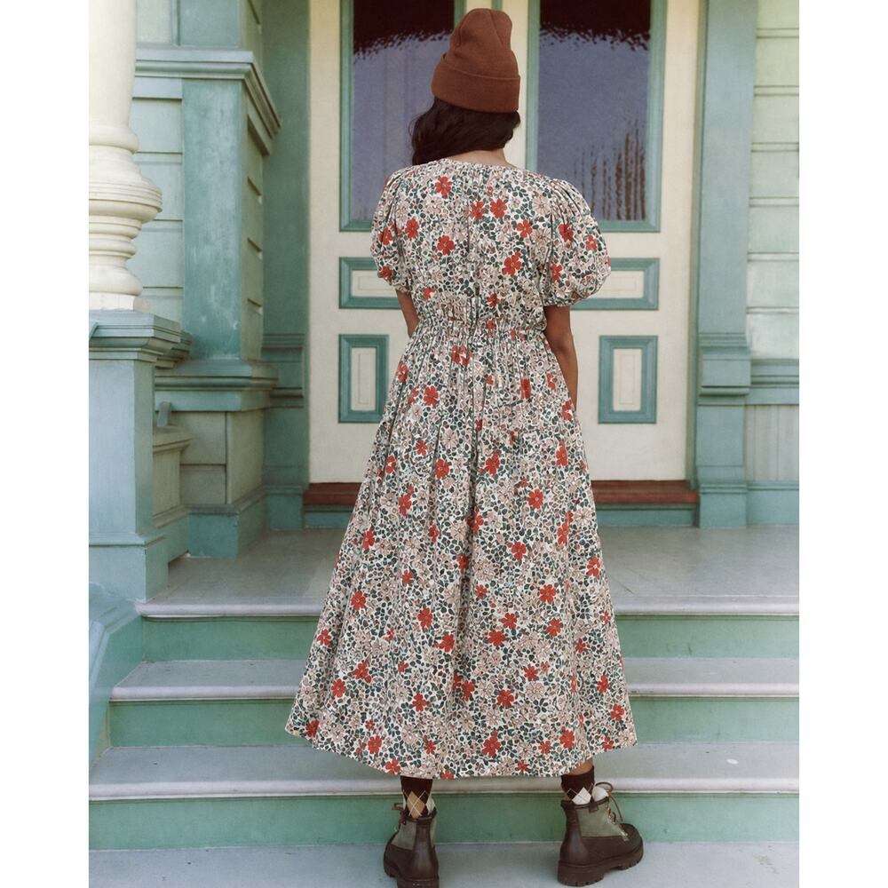 The Great. The Gallery Dress Size 1 Ivory Red Floral Puff Sleeve Cotton Maxi - Picture 5 of 11